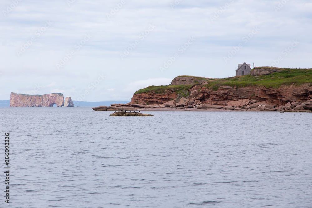 The famous Percé rock and the Bonaventure Island surrounded by cormorants, seagulls and grey seals seen during a beautiful summer hazy day, Quebec, Canada