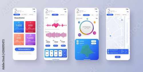Different UI, UX, GUI screens fitness app and flat web icons for mobile apps, responsive website including. Web design and mobile template. Fitness interface design for mobile application. Vector