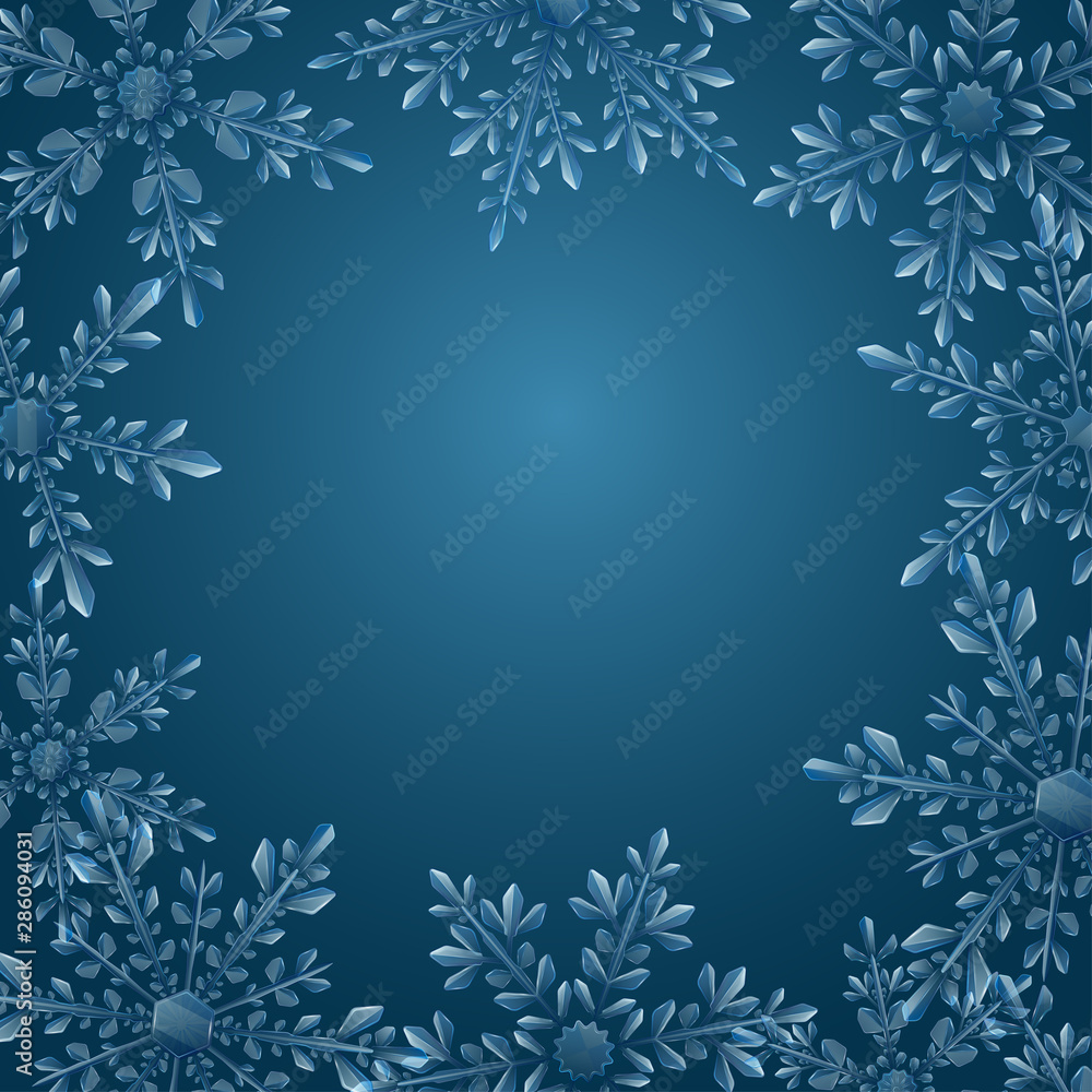 Frame of large transparent Christmas snowflakes Frame of large transparent Christmas snowflakes