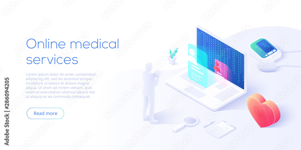 Online medical services concept in isometric vector illustration. Hospital building with blood measuring or checking machine, heart and syringe as healthcare metaphor. Health diagnostics background. Online medical services concept in isometric vector illustration. Hospital building with blood measuring or checking machine, heart and syringe as healthcare metaphor. Health diagnostics background.