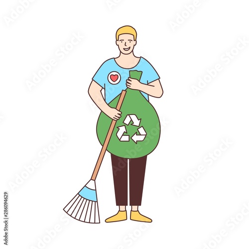 Smiling male volunteer with broom and recycling bag sweeping street isolated on white background