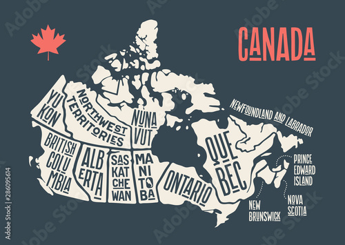 Canvas Print Map Canada. Poster map of provinces and territories of Canada
