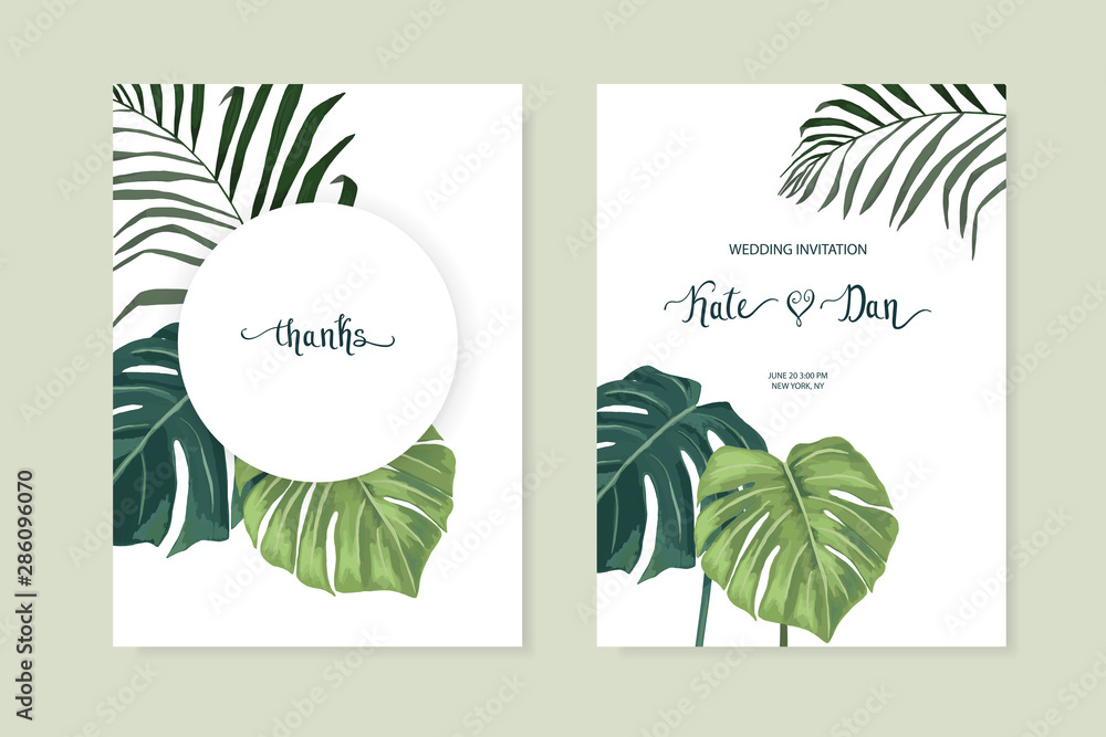 Exotic tropical palm tree. Frame border background. Summer vector illustration. Template set for card. Watercolor style