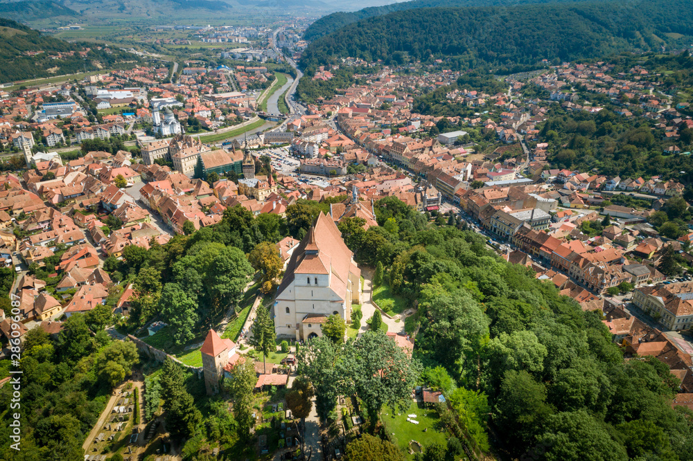 Aerial summer view of the Church on the hill in Sighisoara, Transylvania, Romania