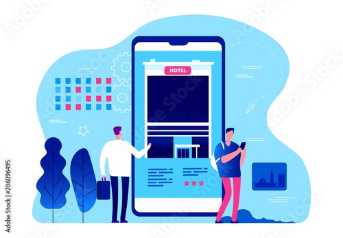 Hotel booking app. Vector tiny people are booking hotel rooms with smartphone. Business trip, vacation planning. Illustration mobile app reserve hotel, service online
