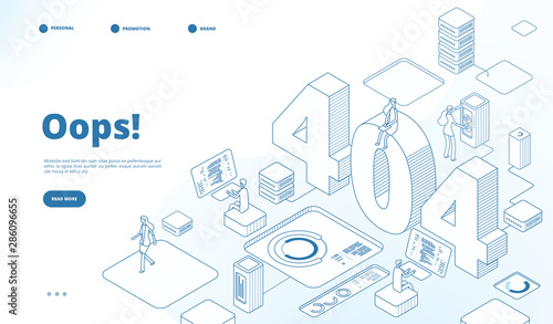 404 isometric page. Not working error, lost data or not found 404 problem, disconnection sign. Landing page vector line 3d design. Error problem 404, page web internet, network warning