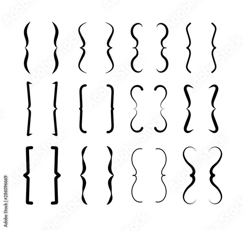 Brace bracket. Curly brackets icons. Vintage calligraphic typographic shapes, punctuation and text parenthesis vector isolated signs. Illustration typographic punctuation, brace and bracket