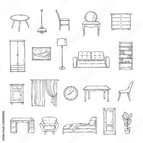 Sketch furniture. Bookcase and chairs, sofa and table, wardrobe and lamp home plants. Interior vintage hand drawn isolated elements. Furniture interior, table and sofa, chair and lamp illustraion