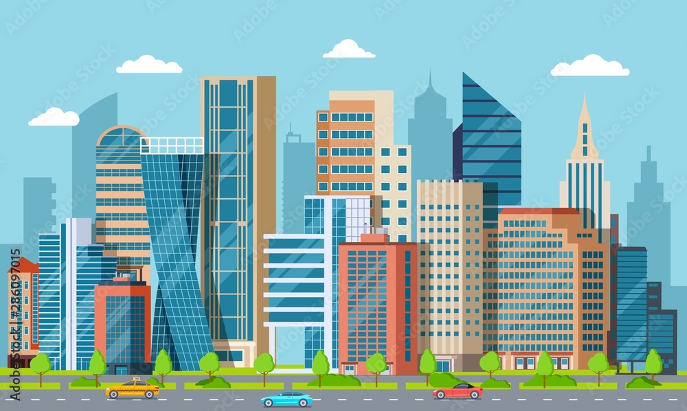 Flat downtown. Skyscrapers, exterior of modern city buildings. Residential and business office houses. Cityscape vector background. Urban town, downtown business architecture, building illustration