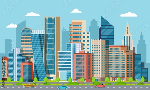 Flat downtown. Skyscrapers  exterior of modern city buildings. Residential and business office houses. Cityscape vector background. Urban town  downtown business architecture  building illustration