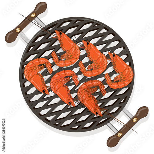 Prawn or tiger shrimp grilliing  / bbq vector illustration isolated on white background.