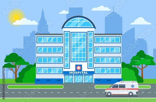 Hospital building. Medical department exterior with ambulance in city landscape. Hospitalization, healthcare medicine vector concept. Medical ambulance healthcare, emergency building illustration
