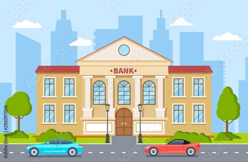 Bank building. Government house, financial office exterior with columns on street in cityscape. Banking service cartoon vector concept. Building office, financial exterior, house banking illustration
