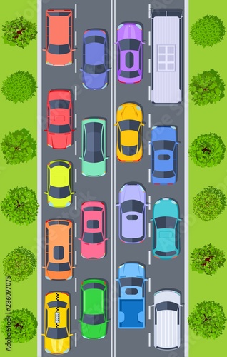 Traffic jam. Top view trucks and cars on highway road stuck in traffic. Urban transport management vector concept. Illustration highway road, traffic jam view