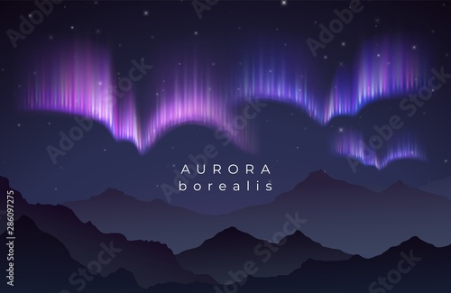 Aurora borealis vector illustration. Northern night starry sky backgroung with mountains silhouette. Northern aurora, borealis in sky night background