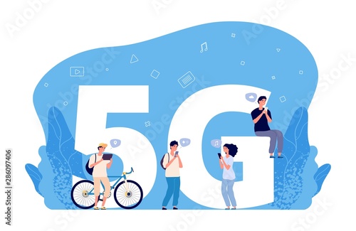 5G internet concept. Flat people characters, online conversations, internet friend searching. 5G network wireless technology for communication mobile phone. Connection internet 5g network illustration