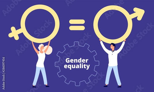 Gender equality concept. Flat vector male and female characters with sex sign. Illustration gender equality, male and female, balance man woman