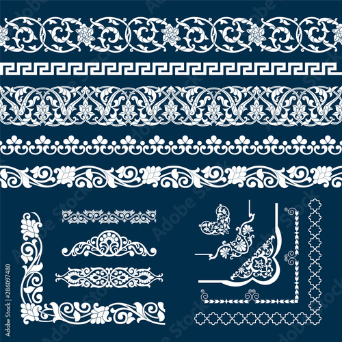 Set of seamless tape Patterns, corner and elements in the form of cotton in the Uzbek national style, vector mockup for design, isolated on blue background.