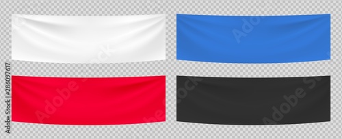 Textile banners. Vector realistic advertising blank fabric template. White red blue black textile banners isolated on transparent background. Illustration horizontal canvas fabric, flag rectangular