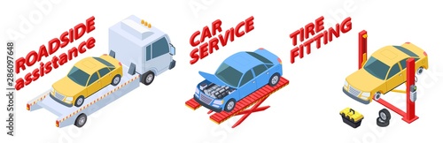 Auto service isometric. Roadside assistance, tire fitting, car repair service vector illustration. Isometric cars, tow truck, wheels. Assistance car service roadside, repair vehicle and help on road