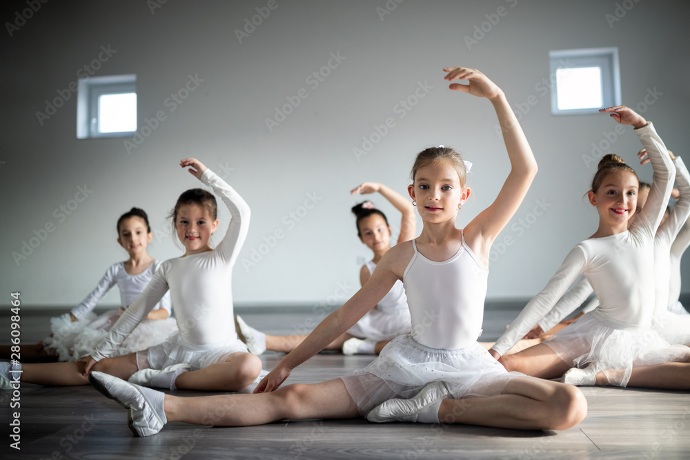 Group of fit happy children exercising ballet in studio together Group of fit happy children exercising ballet in studio together
