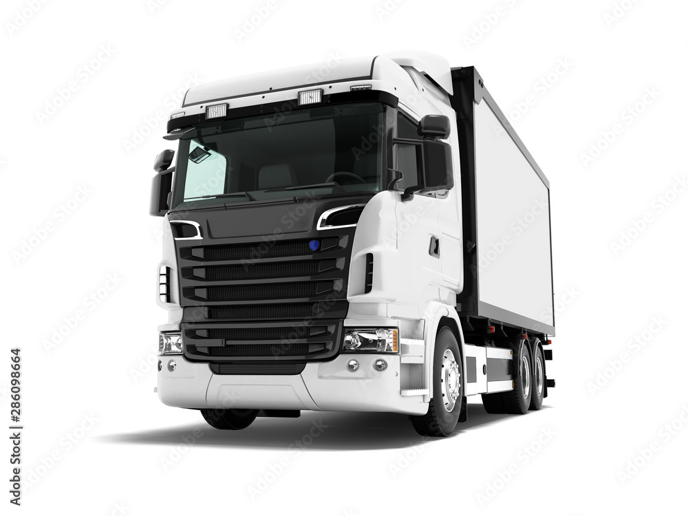White truck with black inserts with carrying capacity of up to five tons rear view 3d render on white background with shadow White truck with black inserts with carrying capacity of up to five tons rear view 3d render on white background with shadow