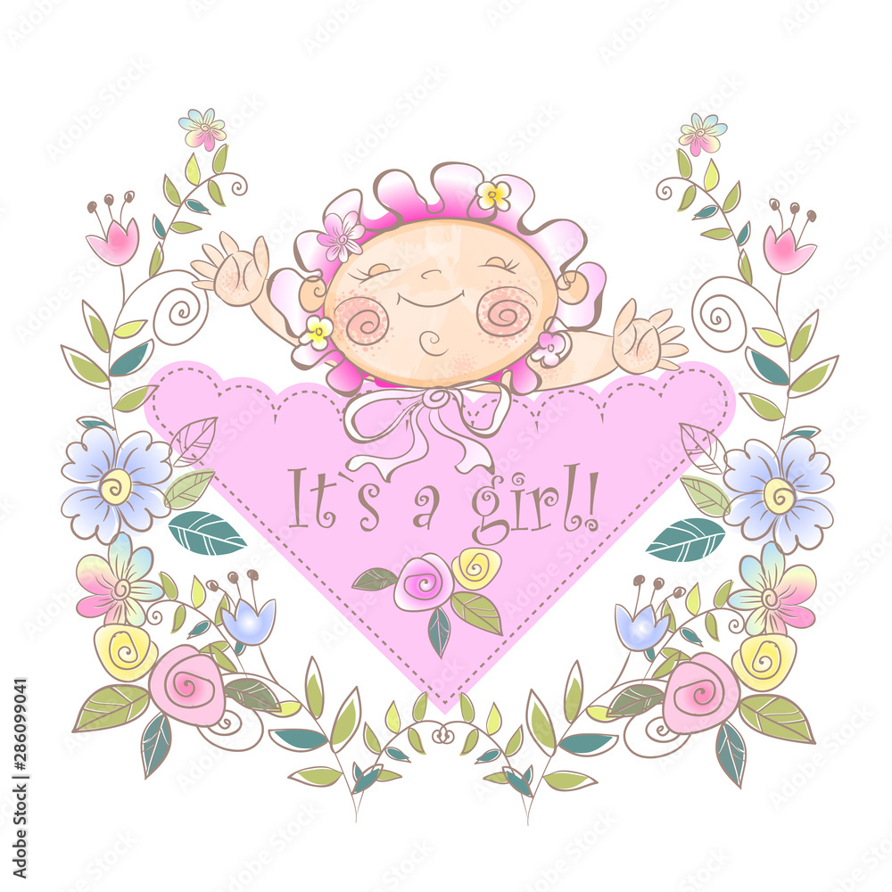 Greeting card for the birth of a girl. Baby shower. Vector. Greeting card for the birth of a girl. Baby shower. Vector.