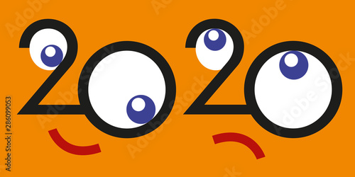 Carte de vœux de l’année 2020 avec le deux et le zéro qui forment deux visages aux expressions opposées. L’un des personnages est souriant, l’autre et mécontent.