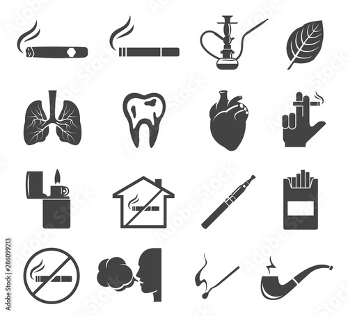 Smoking glyph icons set isolated on white background