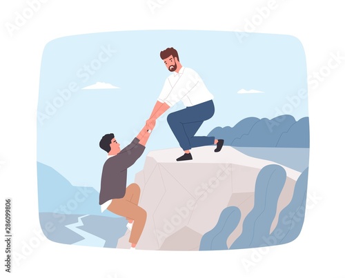 Young bearded man trying to help his friend hanging on cliff edge and pull him out. Rescue in mountains. Concept of true friendship, aid, care and support. Flat cartoon colorful vector illustration.