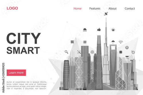 Futuristic city landing page vector template. Modern smart technology website homepage interface idea with monochrome vector illustration. Urban internet network, IOT web banner flat concept