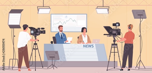Smiling male and female news presenters or newscasts and cameramen or videographers with cameras at modern TV studio. Live television, real time broadcast. Flat caroon colorful vector illustration.