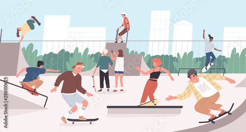 Happy teenage boys and girls or skateboarders riding skateboards at skatepark. Young men and women skateboarding and performing tricks on funboxes at skate park. Flat cartoon vector illustration.