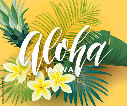 Tropical vector design with green palm leaves, plumeria flowers, pineapples and hand drawn Aloha inscription. Summer hawaiian illustration.
