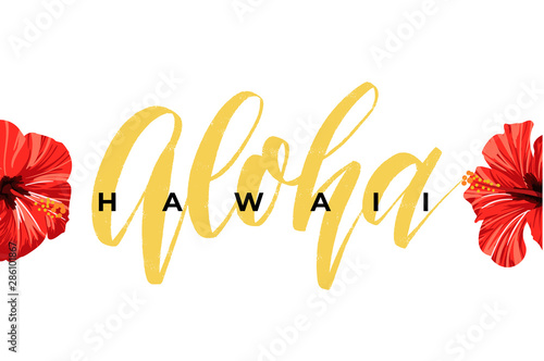 Tropical vector design with green palm leaves, hibiscus flowers, pineapples and hand drawn Aloha inscription. Summer hawaiian illustration.