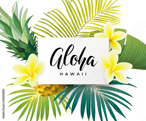 Tropical vector design with green palm leaves, plumeria flowers, pineapples and hand drawn Aloha inscription. Summer hawaiian illustration.