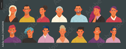 Real people portraits set - hand drawn flat style vector design concept illustration of men and women, male and female faces and shoulders avatars. Flat style vector icons set