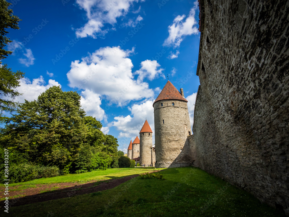 Beautiful Lower Town Wall and its towers in Tallinn old town, Estonia