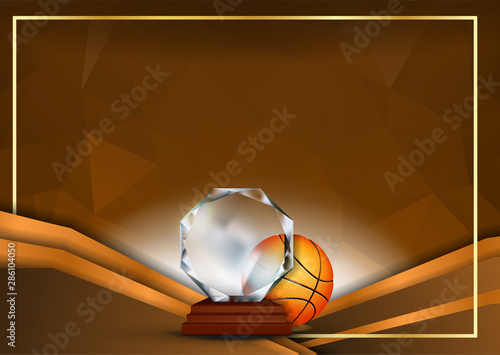 Basketball Certificate Diploma With Glass Trophy Vector. Sport Vintage Appreciation. Modern Gift. Print Blank. A4 Horizontal. Event Illustration
