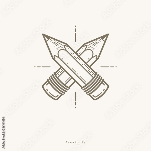 Two crossed pencils vector simple trendy logo or icon for designer or studio, creative competition, designers team, linear style.