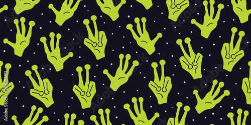 Childish seamless pattern with aliens hands ufo