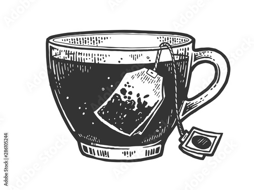 Cup of tea with tea bag sketch engraving vector illustration. Scratch board style imitation. Black and white hand drawn image.