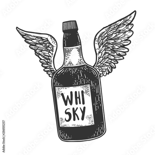 Flying whiskey alcohol bottle with wings sketch engraving vector illustration. Scratch board style imitation. Black and white hand drawn image.