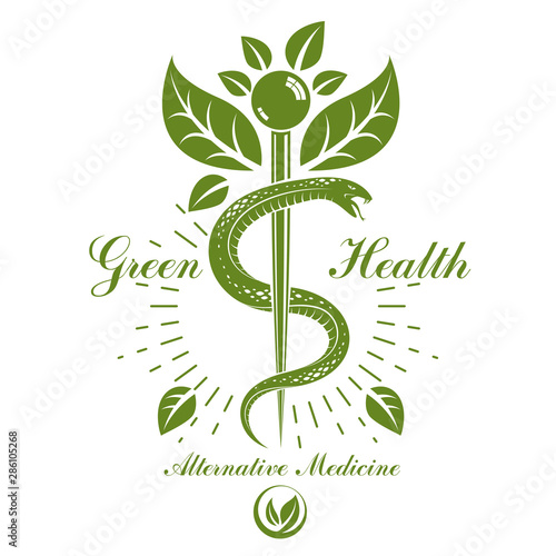 Caduceus vector conceptual emblem created with snakes and green leaves. Wellness and harmony metaphor. Alternative medicine concept, phytotherapy logo.