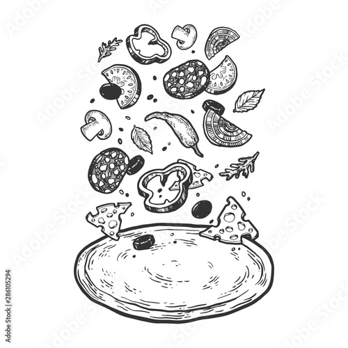 Pizza with flying ingredients sketch engraving vector illustration. Pizza cooking metaphor. Scratch board style imitation. Hand drawn image.