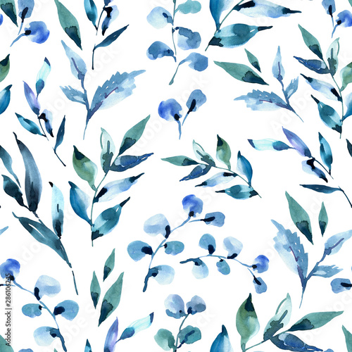 Watercolor deep blue leaves seamless pattern. Natural tropical endless texture