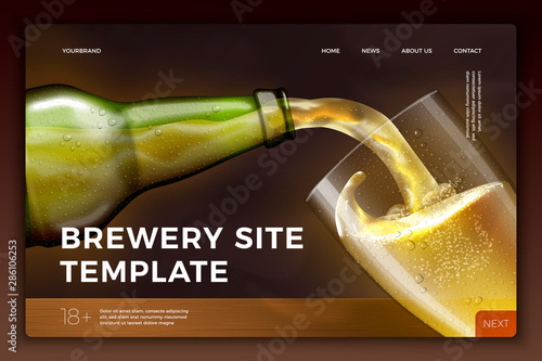 Vector realistic 3d green beer bottle on bright modern site template with typographic background. Mock-up for product package branding.