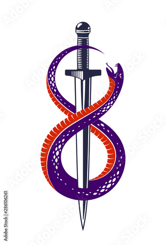 Dagger kills a Snake, defeated Serpent wraps around a sword vector vintage tattoo, Life is a Fight concept, allegorical logo or emblem of ancient symbol.