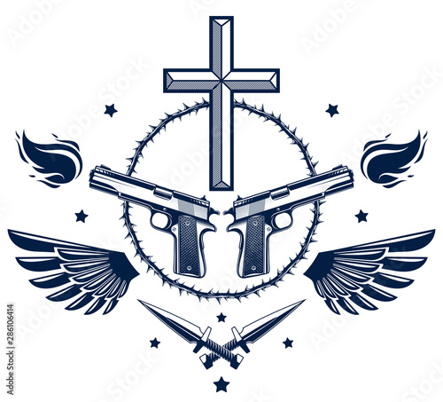 Gangster thug emblem or logo with Christian Cross, weapons and different design elements , vector tattoo, anarchy and chaos, dead rebel partisan and revolutionary.