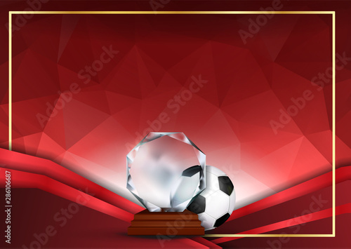 Soccer Certificate Diploma With Glass Trophy Vector. Sport Graduate Champion. Best Prize. Winner Trophy. A4 Horizontal. Event Illustration